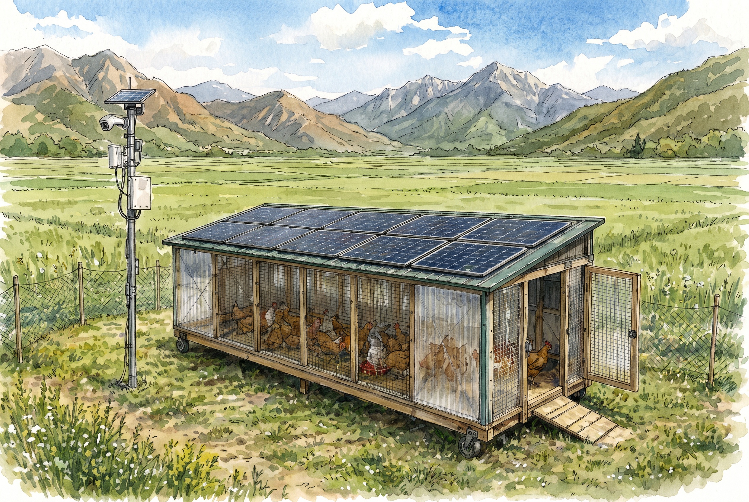 UGOKEI(ソーラー発電付き移動式鶏舎)と生物多様性センサーが設置された農地の外観イラスト(試作・新トーン)