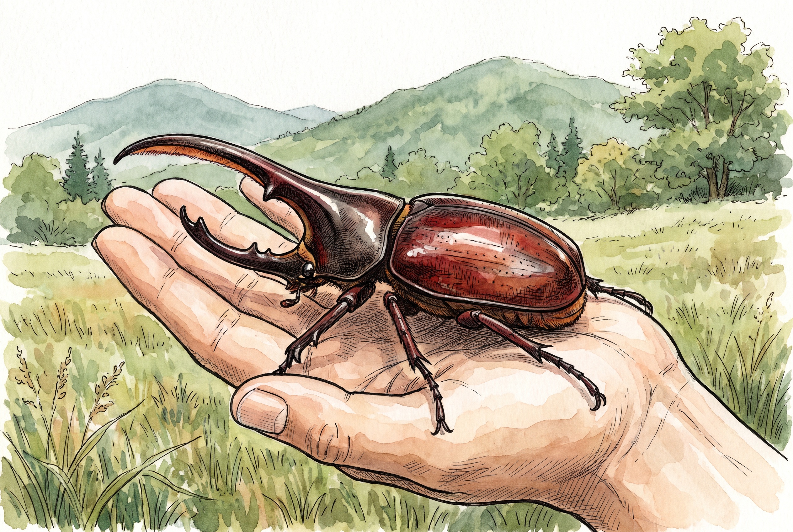 手のひらに静かに乗るカブトムシを描いたイラスト(試作・新トーン)
