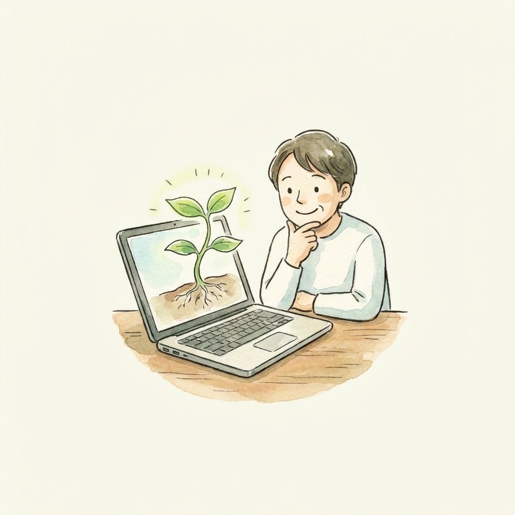 PCとアイデア、人をあわせたイラスト