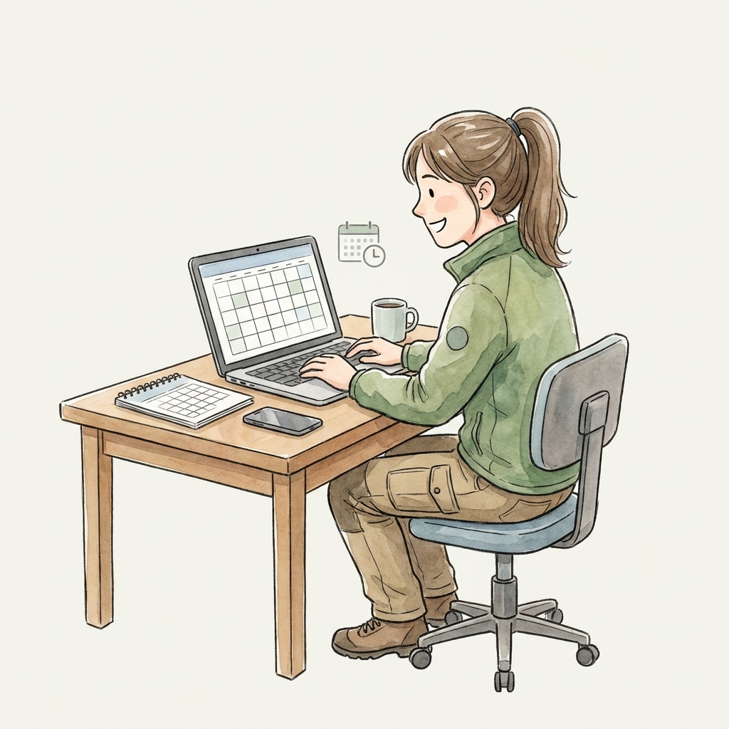PCを使って連絡を取るNPAスタッフのイラスト